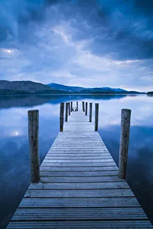 Wooden Post Gallery: Pier at Derwent Water (Derwentwater) at sunset, Lake District National Park, UNESCO