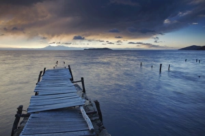 Bolivian Prints: Pier on Isla del Sol (Island of the Sun) at dawn, Lake Titicaca, Bolivia, South America