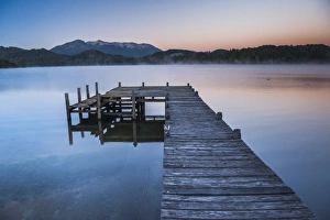 Villa La Angostura Prints: Pier on Lake Nahuel Huapi during a misty sunrise, Villa la Angostura, Neuquen, Patagonia