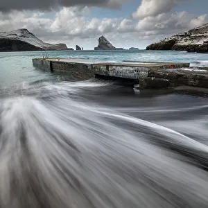 Vagar Island Prints: Pier and sea stacks from the shores of Bour, Vagar Island, Faroe Islands, Denmark, Europe
