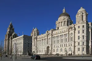 Pierhead, with Liver building, Cunard building and Dock company building, UNESCO World Heritage Site, Liverpool, Merseyside, England, United Kingdom, Europe