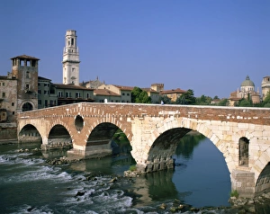 Verona Prints: The Pietra Bridge over the River Adige in the town of Verona, Veneto, Italy, Europe