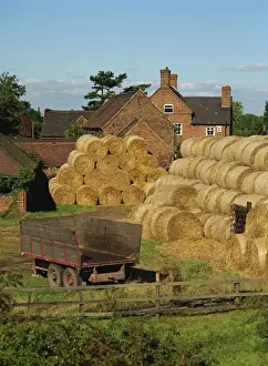 Trailer Prints: Piles of straw bales and a trailer outside a farm house on an afternoon in autumn near Kingsbury