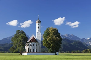 Typically German Prints: Pilgrim church St. Coloman, Schwangau, Allgau, Allgau Alps, Bavaria, Germany, Europe