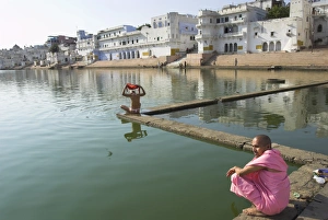 Pushkar Prints: Pilgrim priests beside the sacred lake