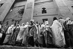 Pilgrims Prints: Pilgrims in front of Beth Medhane Alem monolithic church, Lalibela, Ethiopia, Africa