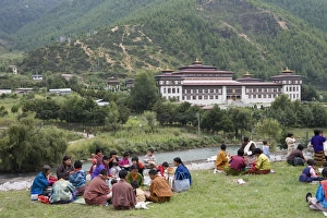 Pilgrims having picnic during Buddhist festival, Trashi Chhoe Dzong, Thimphu
