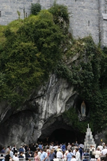 Lourdes Prints: Pilgrims outside the Lourdes grotto, Lourdes, Hautes Pyrenees, France, Europe