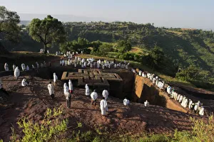Festival Prints: Pilgrims wearing traditonal gabi (white shawl) at festival at rock-hewn monolithic church of Bet Giyorgis (St)