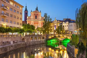 Slovenia Prints: The pink Franciscan Church of the Annunciation, Ljubljanica River and the Triple Bridge