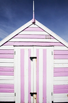 Chalet Prints: Pink and white striped beach hut, Felixstowe, Suffolk, England, United Kingdom, Europe