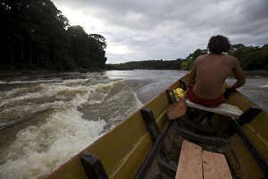 Wooden Boat Prints: Pirogue in the rapids of the Approuague River, French Guiana, South America