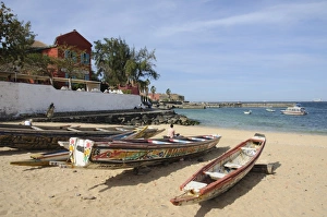 Western Africa Prints: Pirogues (fishing boats) on beach, Goree Island, near Dakar, Senegal, West Africa, Africa