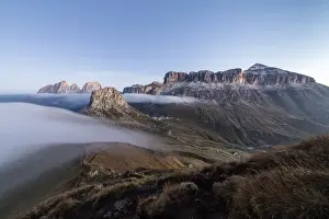 Canazei Prints: Piz Boa Sassolungo and Sass Beca shrouded in morning fog Cima Belvedere, Canazei