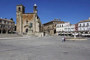 Trujillo Prints: Pizarro statue and San Martin Church, Plaza Mayor, Trujillo, Extremadura, Spain, Europe