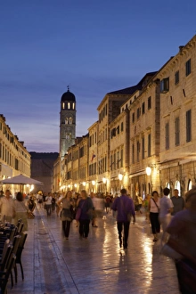 Stradun Prints: Placa, Stadun, lit up at dusk with cafes and people walking, Dubrovnik, Croatia, Europe