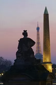 Place de la Concorde and Eiffel Tower in the evening, Paris, France, Europe