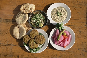 Variety Prints: Plates of traditional food, falafel, babaghanoush and shawarma, with flat bread