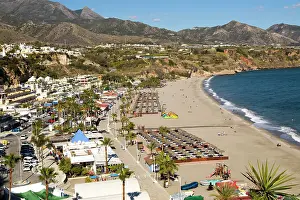 Playa Burriana sandy beach at popular holiday resort town of Nerja, Malaga province, Andalusia, Spain, Europe