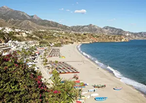 Travel Guide Prints: Playa Burriana sandy beach at popular holiday resort town of Nerja