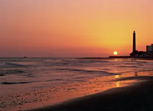 Canaries Prints: Playa de Maspalomas and lighthouse at sunset, Gran Canaria, Canary Islands