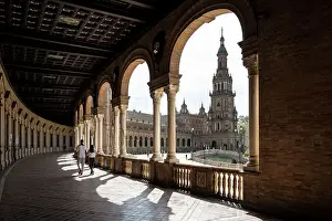 Cultural Landmark Prints: Detail of the Plaza de Espana, an architectural ensemble and largest building of the Ibero-American Exposition of 1929