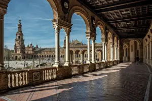 Cultural Exploration Prints: Detail of the Plaza de Espana, an architectural ensemble and largest building of the Ibero-American Exposition of 1929