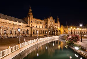 Street Light Prints: The Plaza de Espana at night, Parque de Maria Luisa, Seville, Andalusia, Spain, Europe