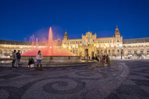 Cobblestone Prints: Plaza de Espana in Parque de Maria Luisa at night, Seville, Andalucia, Spain, Europe