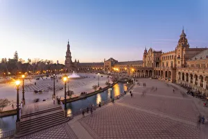Plaza de Espana in Parque de Maria Luisa at sunset, Seville, Andalucia, Spain, Europe