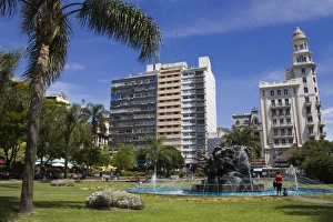 Uruguay Prints: Plaza Fabini fountain, city center, Montevideo, Uruguay, South America