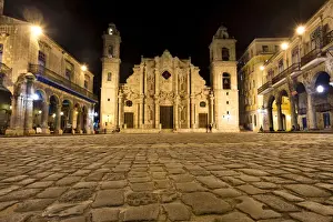 Old Havana Prints: Plaza de la Catedral (Plaza of the Cathedral) in Habana Vieja (Old Havana) at night