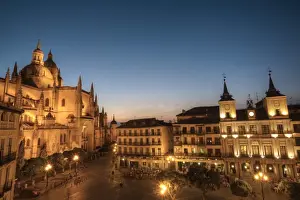 Segovia Prints: Plaza Mayor in the evening with the Cathedral on the left and Town Hall on the right)