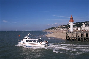 Trouville Prints: Pleasure boat and lighthouse, Trouville, Basse Normandie (Normandy), France, Europe