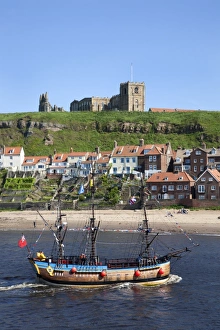 Ships Prints: Pleasure ship below Whitby Abbey and St