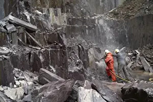 Quarry Prints: Pneumatic drilling of blast hole, Nantlle Slate Quarry, Snowdonia, north Wales