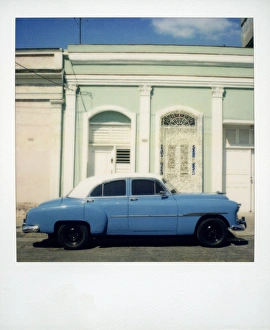 Polaroid Prints: Polaroid of blue classic American Car, Cienfuegos, Cuba, West Indies, Central America
