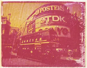 Double Decker Prints: Polaroid Image Transfer of Piccadilly Circus with red double decker bus