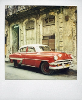 Polaroid Prints: Polaroid of red classic American car parked on street, Havana, Cuba, West Indies