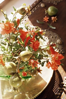 Flower Arrangement Prints: Pomegranate flower and fruit arrangement on a coffee table