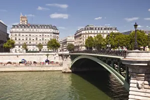 River Seine Prints: Pont d Arcole with the annual Paris Plage on the banks of the River Seine