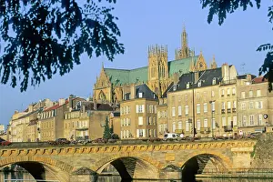 Riverfront Prints: Pont Moyen, bridge over the Moselle River with the Cathedrale in background