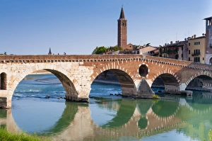 Verona Prints: Ponte Pietra, Verona, River Adige, UNESCO World Heritage Site, Veneto, Italy, Europe