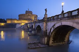 River Tiber Prints: Ponte Sant Angelo on the River Tiber and the Castel Sant Angelo at night, Rome, Lazio