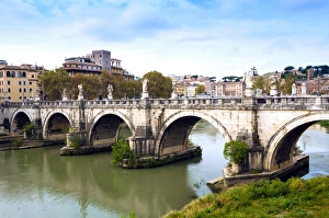Pedestrian Bridge Prints: Ponte Sant Angelo, Tiber River, Rome, Lazio, Italy, Europe