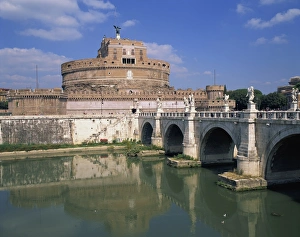 River Tiber Prints: The Pontes Angelo over the River Tevere and the Castel