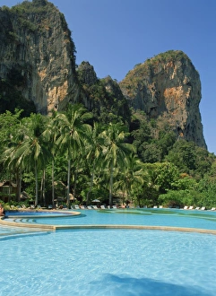 Krabi Prints: Pool at the Dusit Rayavadee Hotel with limestone rock