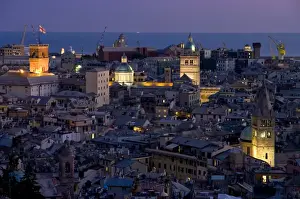 Flag Prints: Port and cityscape at dusk, Genoa, Liguria, Italy, Europe