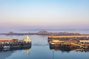 Forts Prints: Port of St. Helier and Elizabeth Castle, Jersey, Channel Islands, United Kingdom, Europe