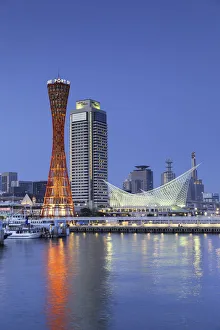 Lattice Prints: Port Tower and Maritime Museum at dusk, Kobe, Kansai, Japan, Asia